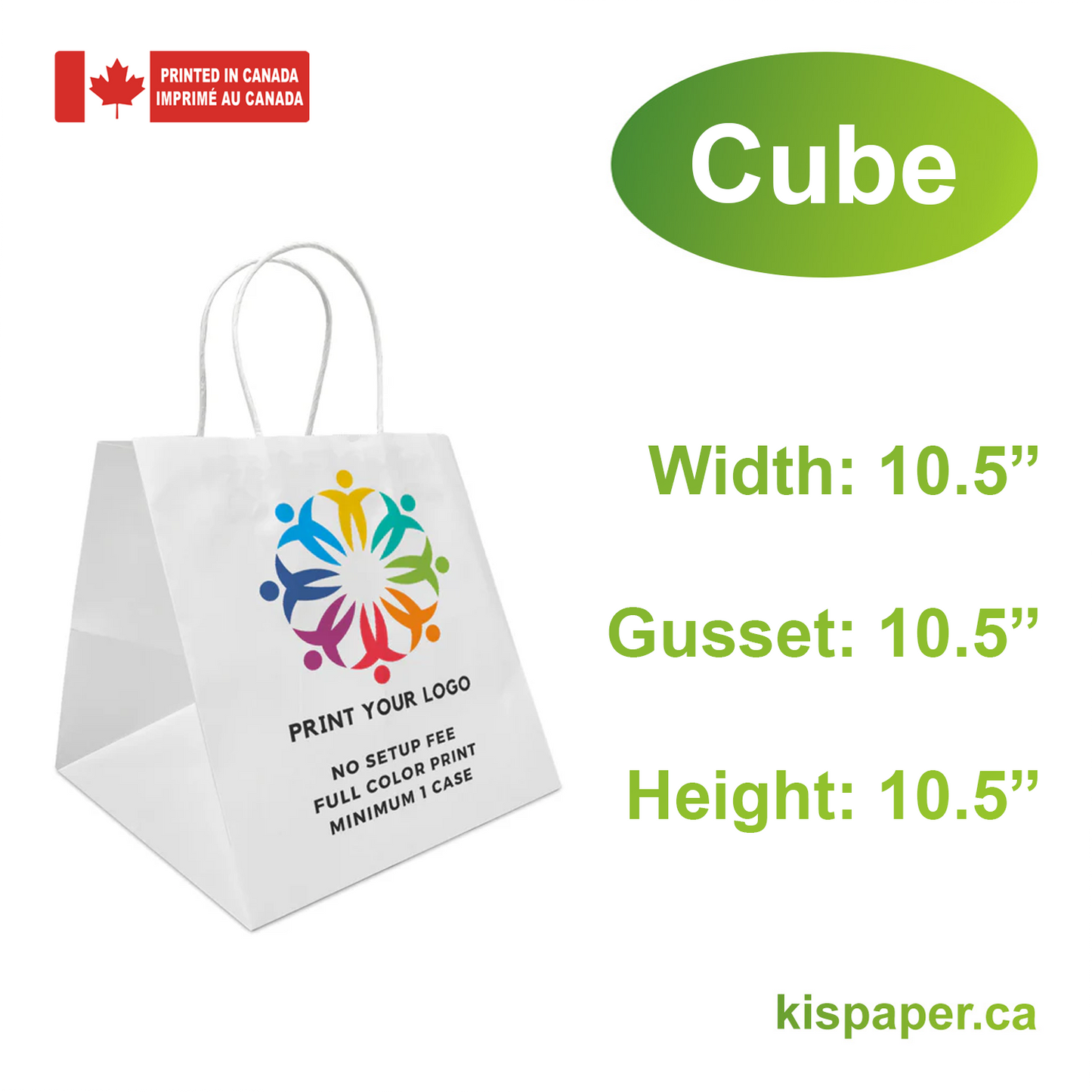 Cube - 10.5" x 10.5" x 10.5" - White Paper Bags Twist Handles - Canada Full Color Custom Print - Carton of 250