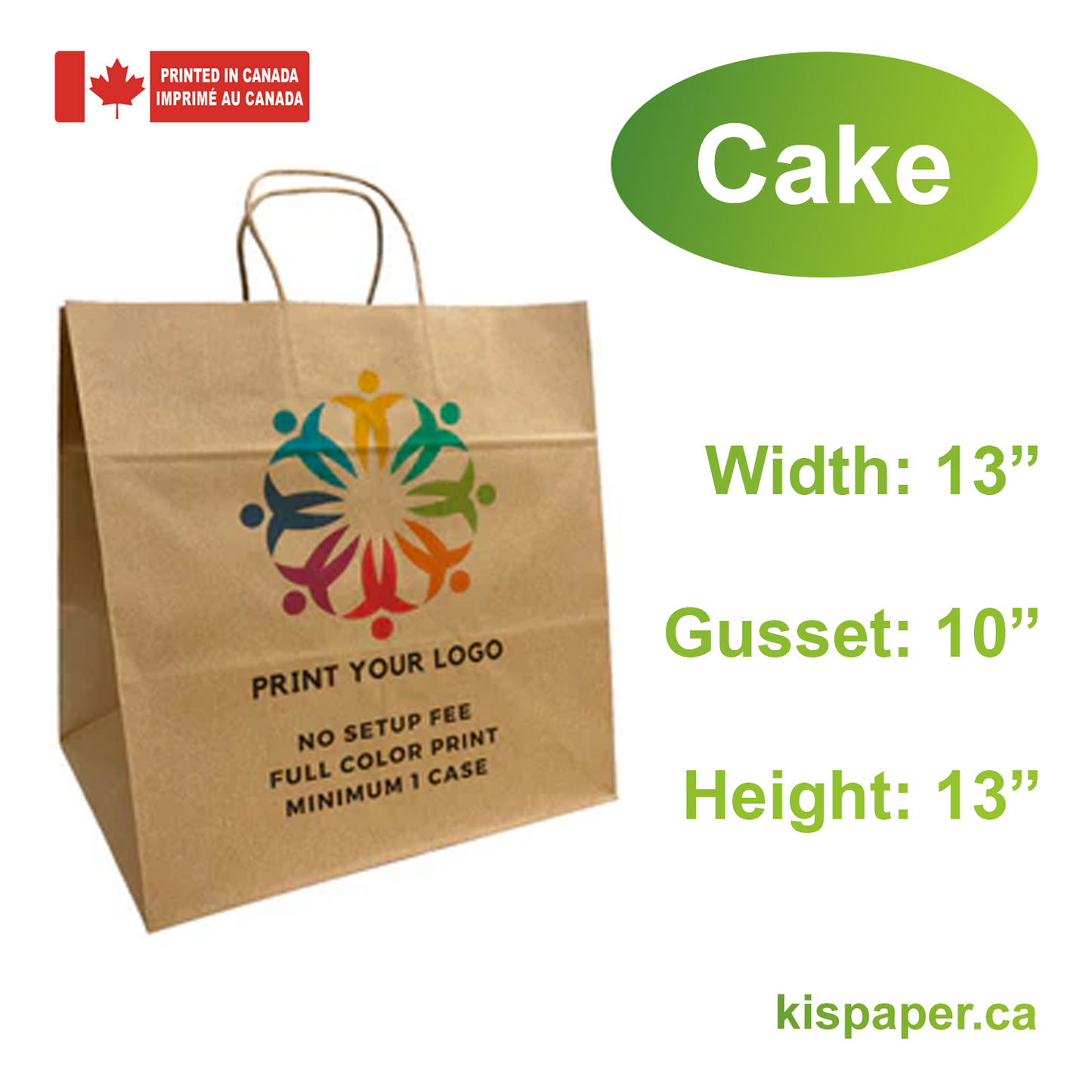 Cake - 13" x 10" x 13" - Kraft Paper Bags Twist Handles - Canada Full Color Custom Print - Carton of 200