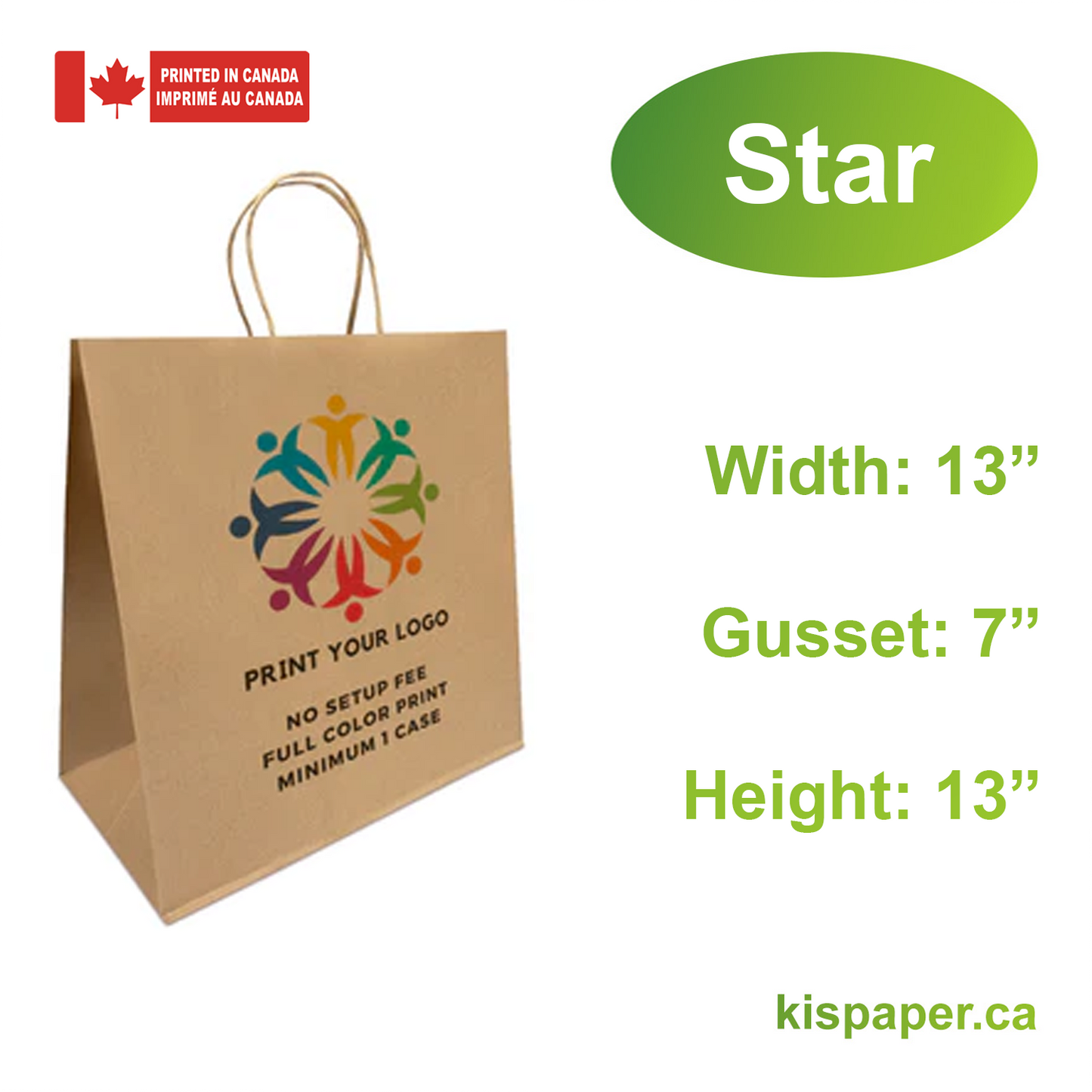 Canteen - 13" x 7" x 13" - Kraft Paper Bags Twist Handles - Canada Full Color Custom Print - Carton of 200