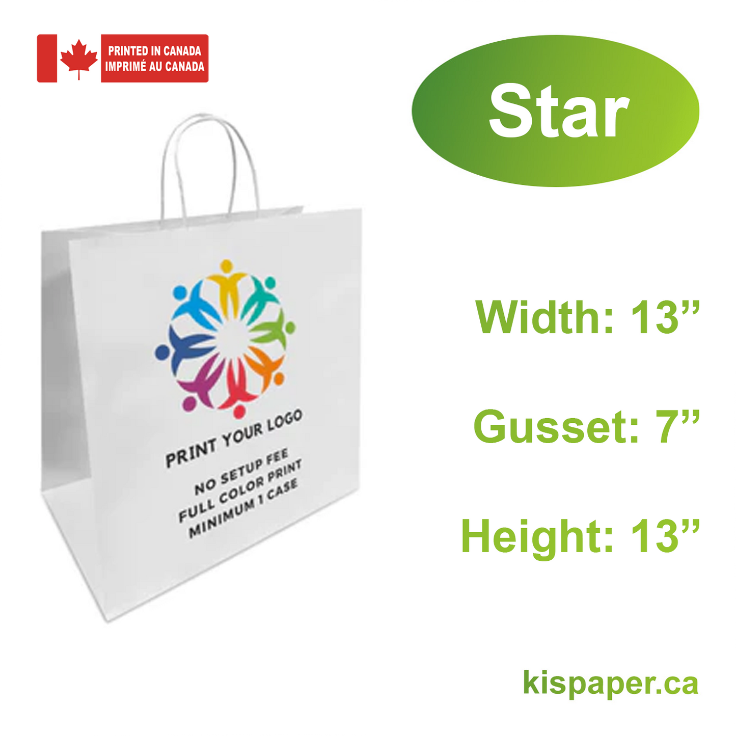 Star - 13" x 7" x 13" - White Paper Bags Twist Handles - Canada Full Color Custom Print - Carton of 200