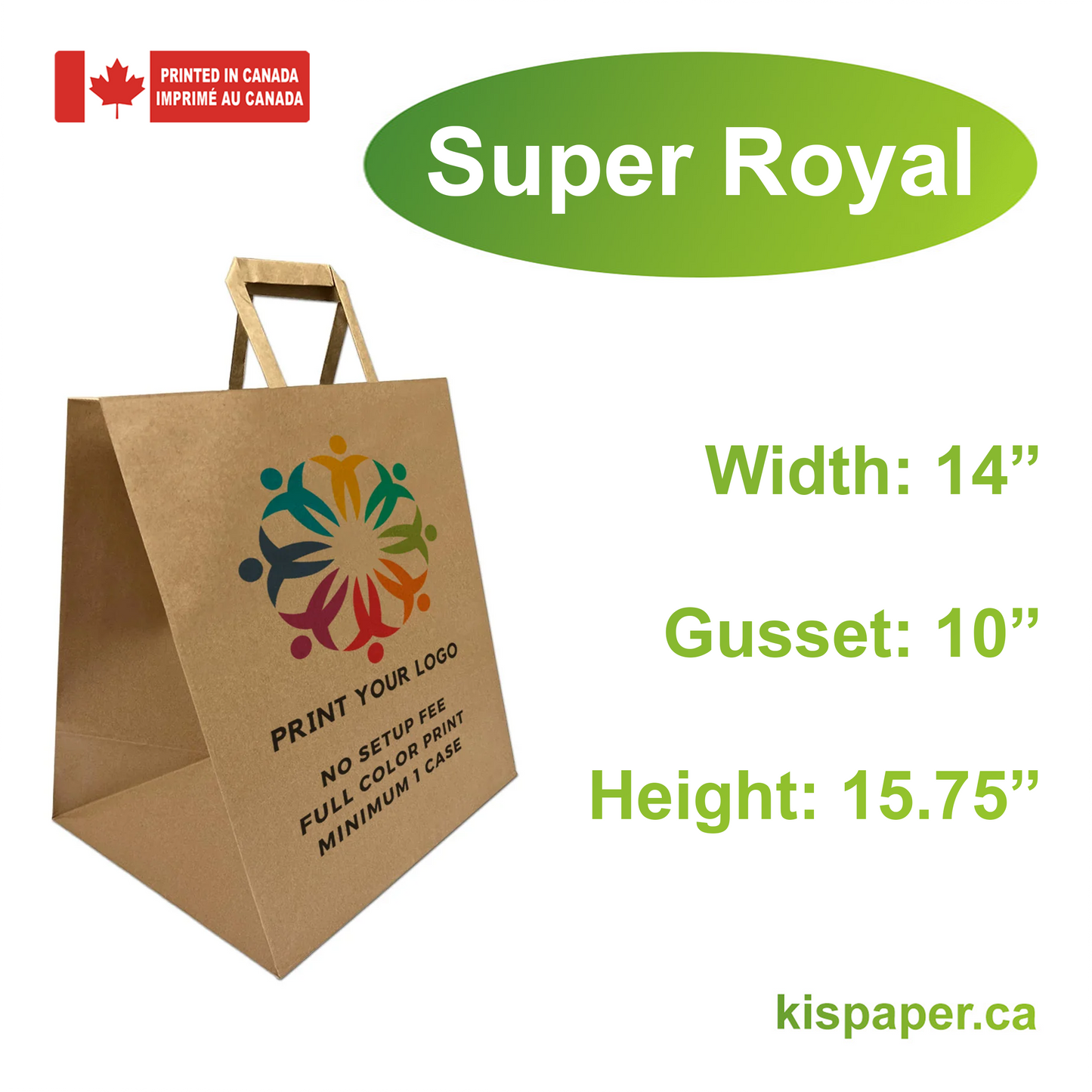 Super Royal - 14" x 10" x 15.75" - Kraft Paper Bags Flat Handles - Canada Full Color Custom Print - Carton of 250