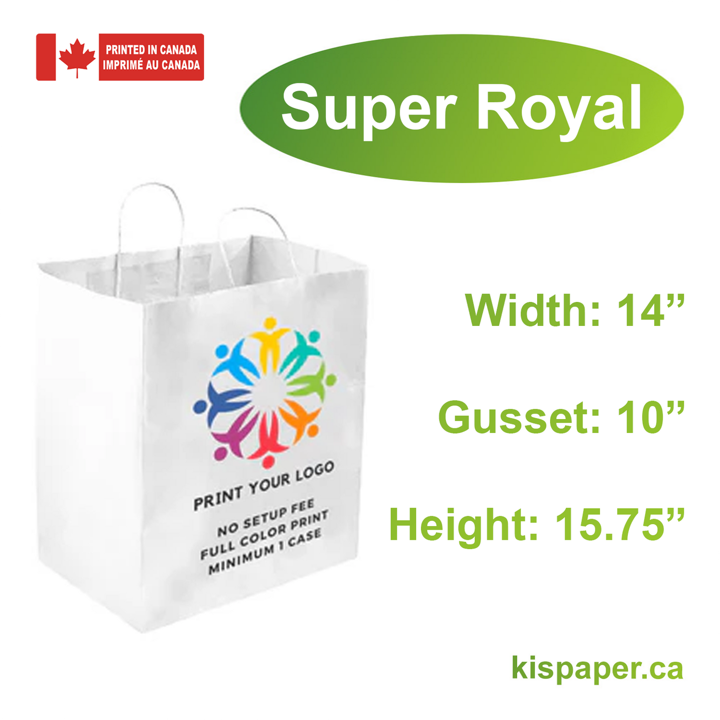 Super Royal - 14" x 10" x 15.75" - White Paper Bags Twist Handles - Canada Full Color Custom Print - Carton of 200