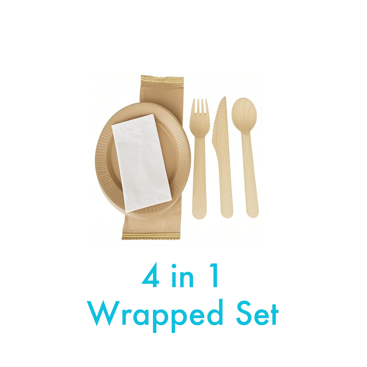 Cultery Set 4 in 1 - Wooden Fork/Wooden Knife/Wooden Spoon/Napkin - Carton of 500