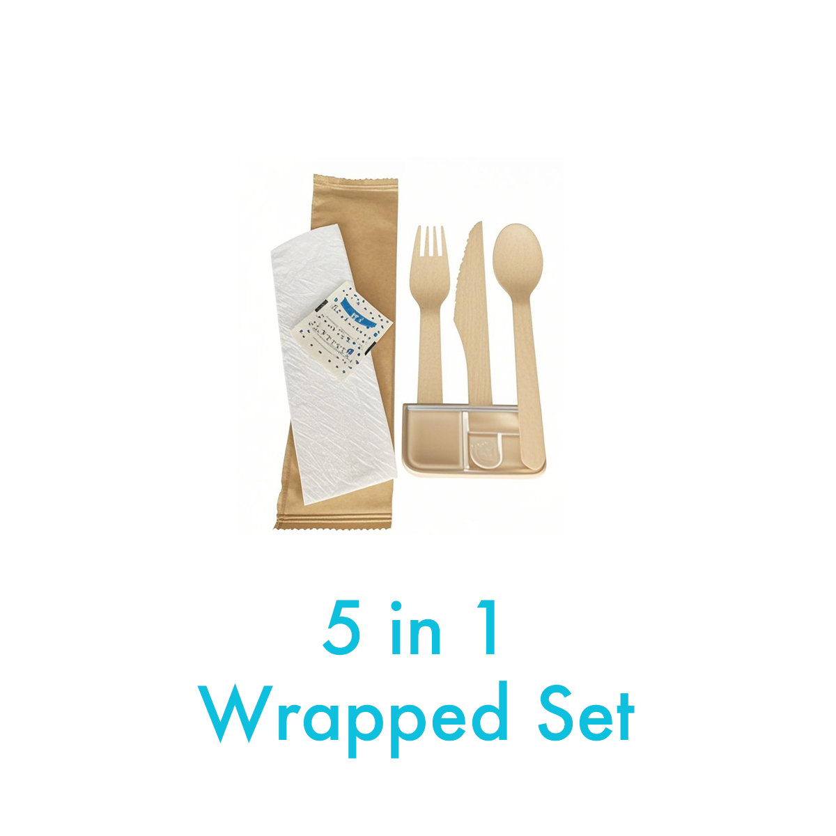 Cultery Set 5 in 1 - Wooden Fork/Wooden Knife/Wooden Spoon/Napkin/Salt&Pepper - Carton of 500