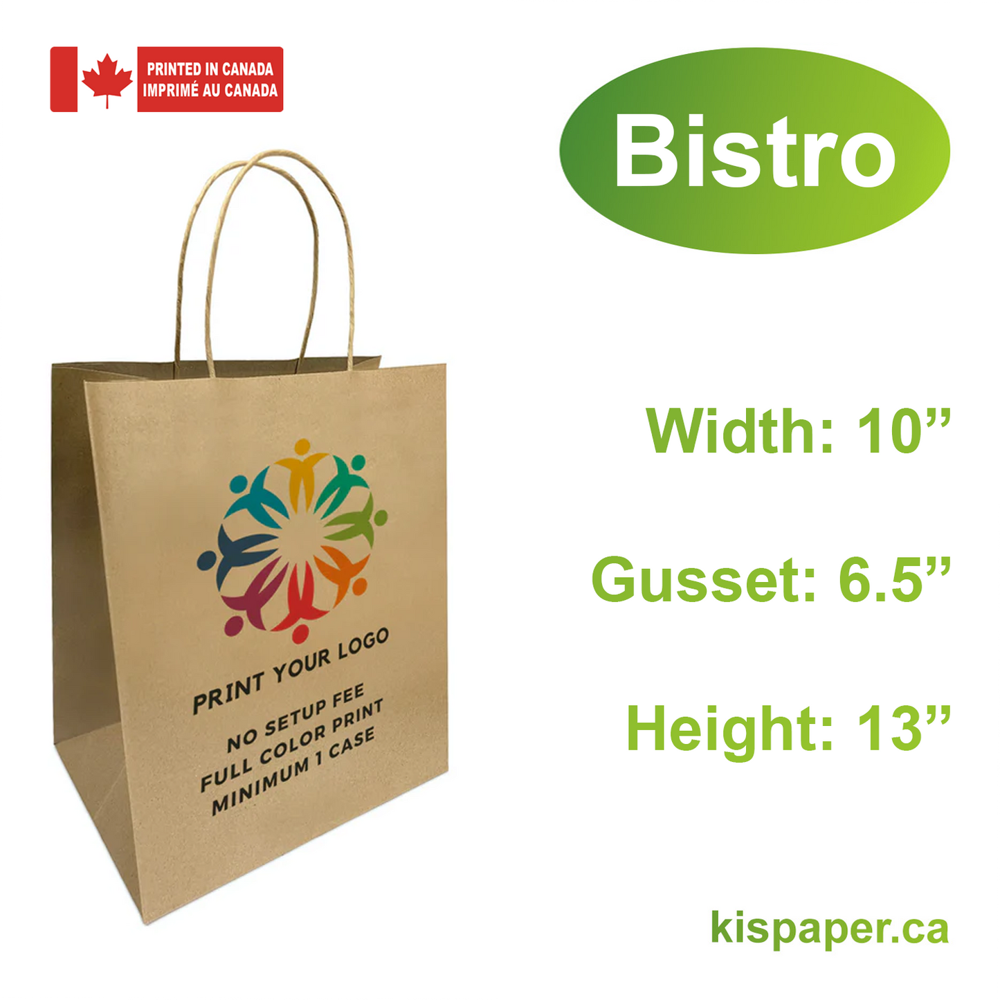 Cafe - 10" x 6.5" x 13" - Kraft Paper Bags Twist Handles - Canada Full Color Custom Print - Carton of 250