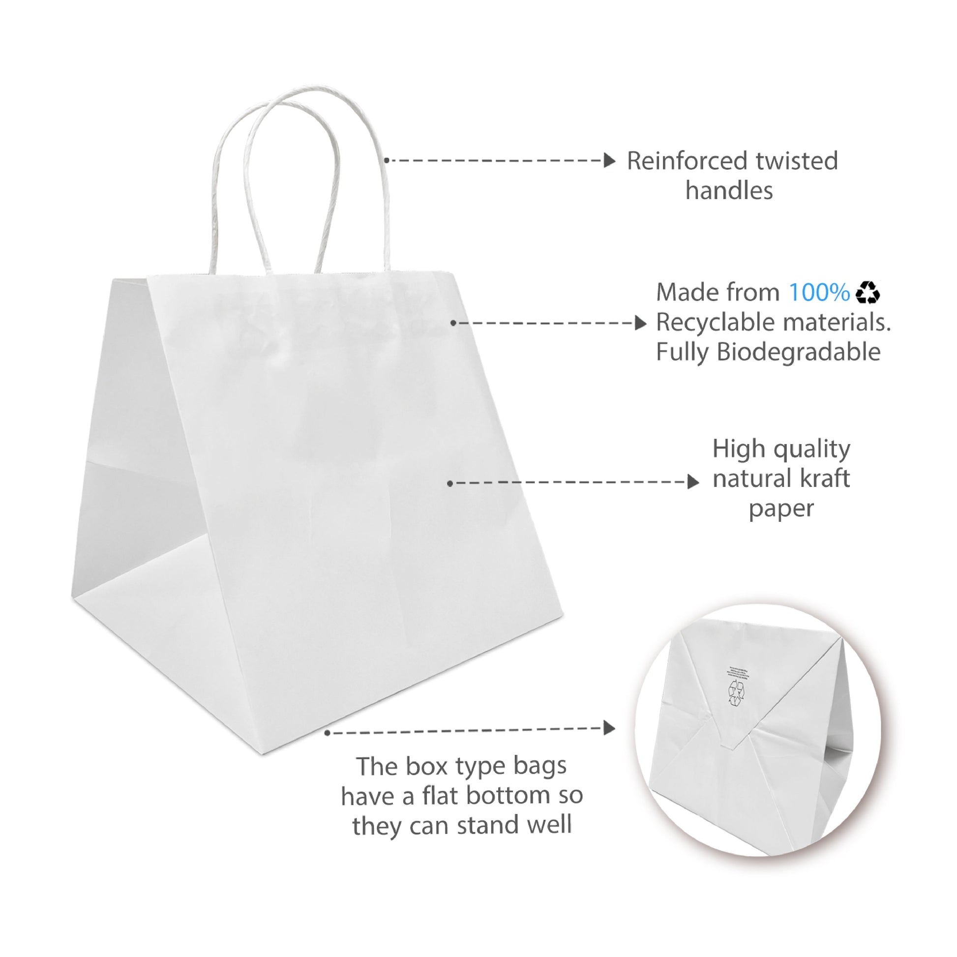 250 Pcs, Cube, 10.5x10.5x10.5 inches, White Kraft Paper Bags, with Twisted Handle