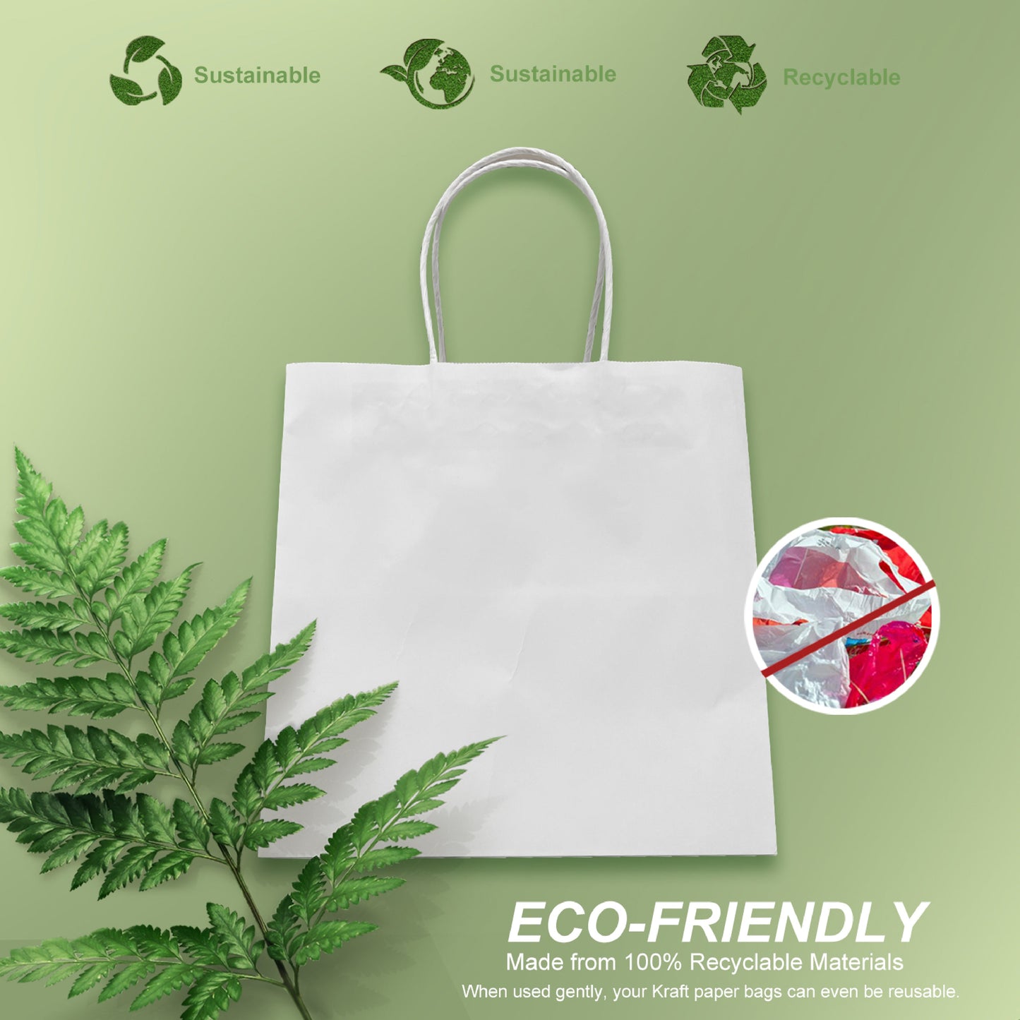 250 Pcs, Cube, 10.5x10.5x10.5 inches, White Kraft Paper Bags, with Twisted Handle