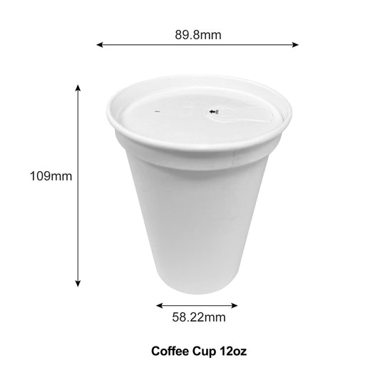 12oz - Paper Hot Coffee Cup Set White with Paper Lid - Carton of 1000