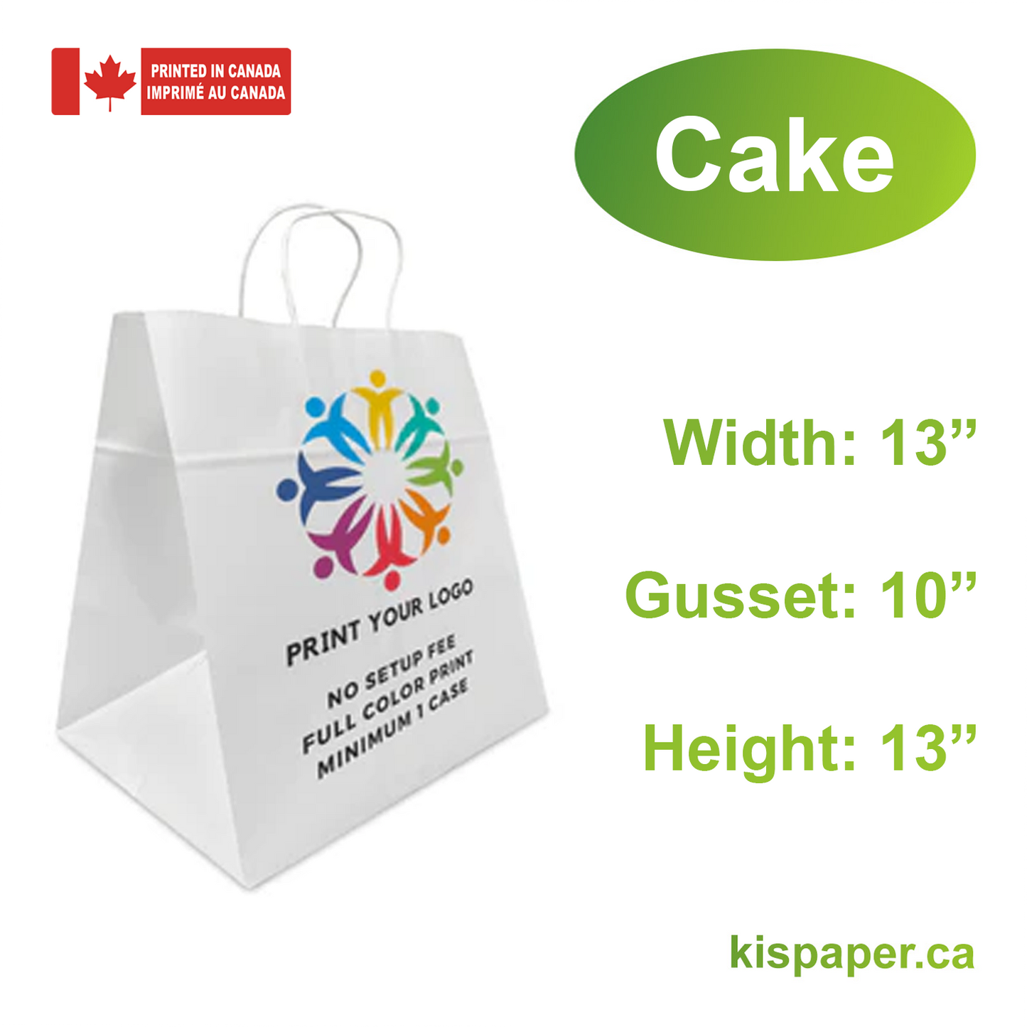 Cake - 13" x 10" x 13" - White Paper Bags Twist Handles - Canada Full Color Custom Print - Carton of 200