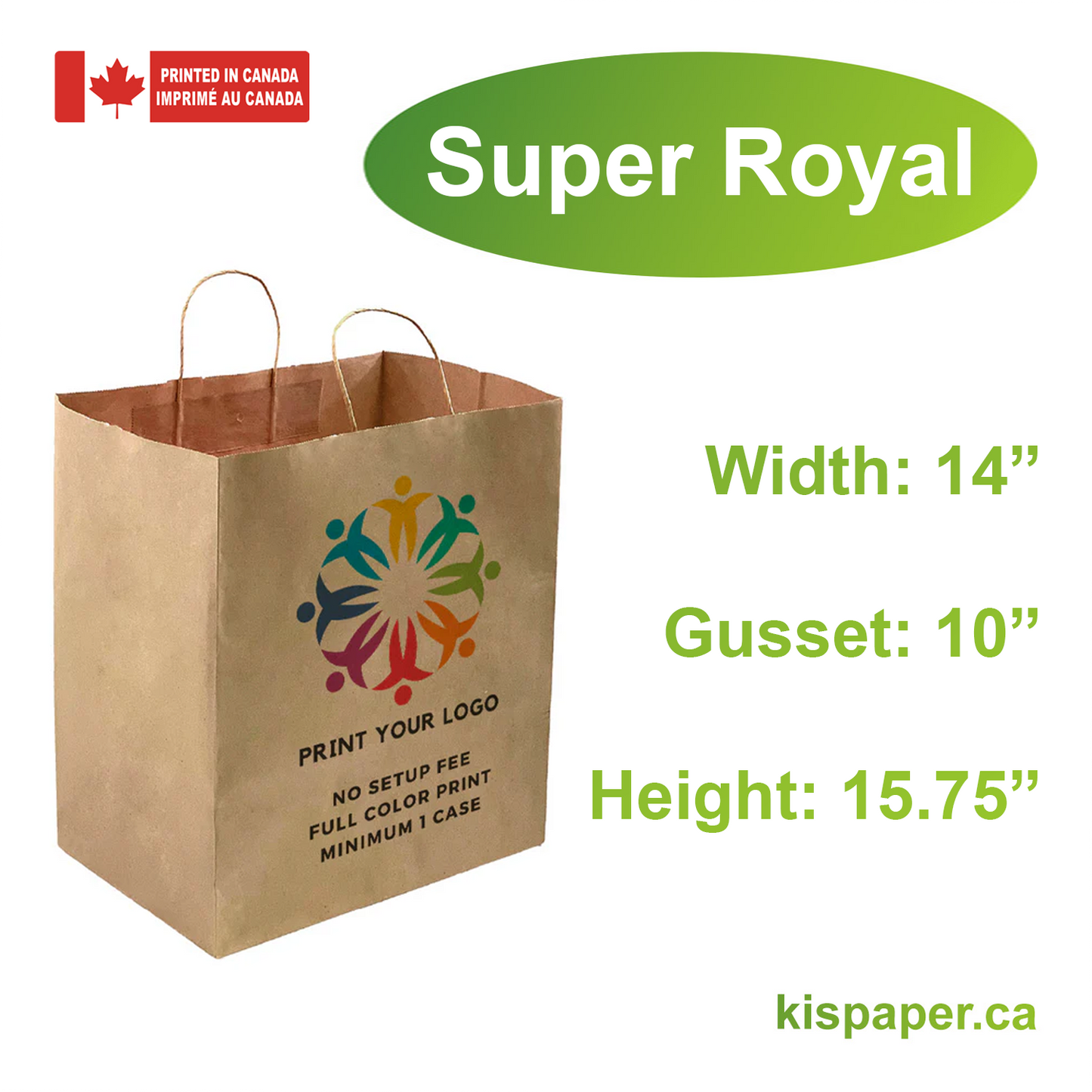 Super Royal - 14" x 10" x 15.75" - Kraft Paper Bags Twist Handles - Canada Full Color Custom Print - Carton of 200