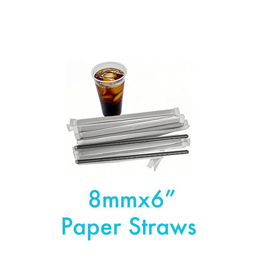 6" x 8mm D - Paper Straws Black Wrapped - Carton of 2000