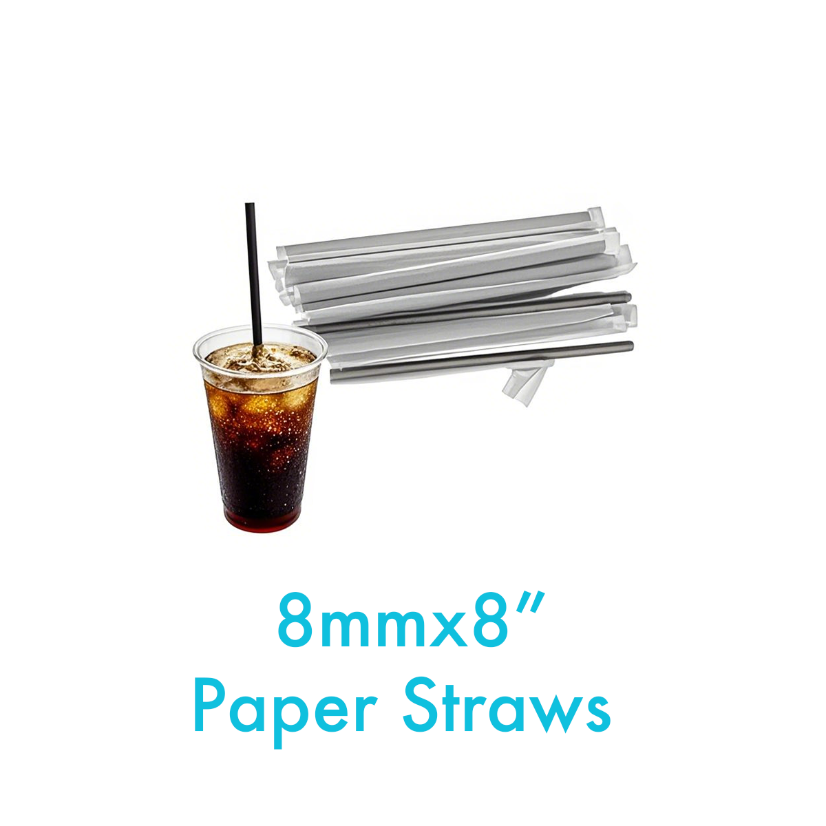 8" x 8mm D - Paper Straws Black Wrapped - Carton of 2000