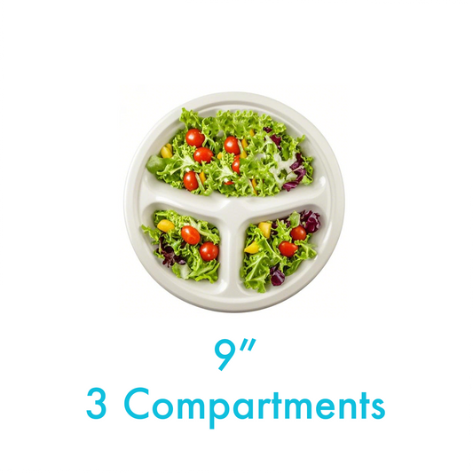 9" - Bagasse Round Plate - 3 Compartments - Carton of 500