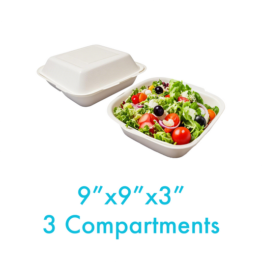 9" x 9" x 3" - Bagasse Clamshell Containers 3 Compartments - Carton of 200
