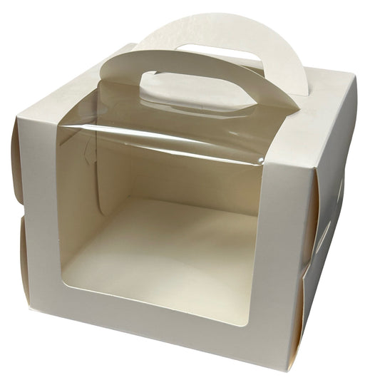 8.125" x 8.125" x 6.625" - Window Cake Boxes White with Handle Extra Cake Board - Carton of 50