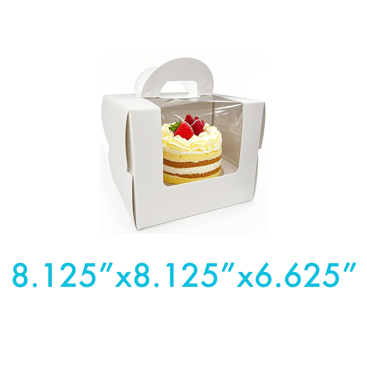 8.125" x 8.125" x 6.625" - Window Cake Boxes White with Handle Extra Cake Board - Carton of 50