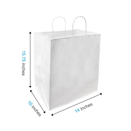200 Pcs, Super Royal, 14x10x15.75 inches, White Kraft Paper Bags, with Twisted Handle