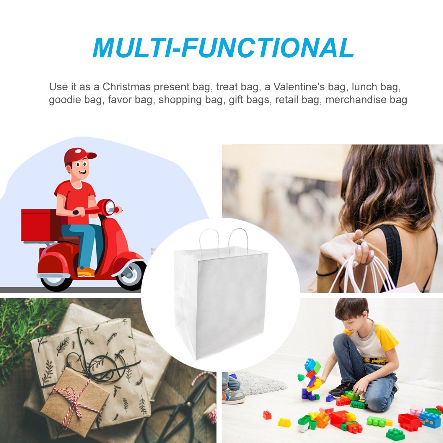 200 Pcs, Super Royal, 14x10x15.75 inches, White Kraft Paper Bags, with Twisted Handle