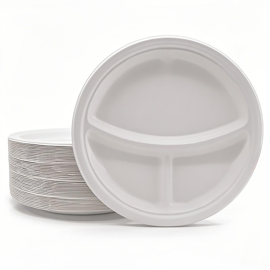 9" - Bagasse Round Plate - 3 Compartments - Carton of 500
