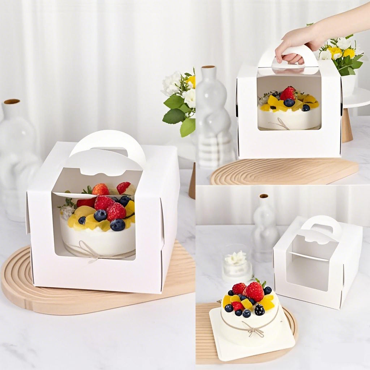 8.125" x 8.125" x 6.625" - Window Cake Boxes White with Handle Extra Cake Board - Carton of 50