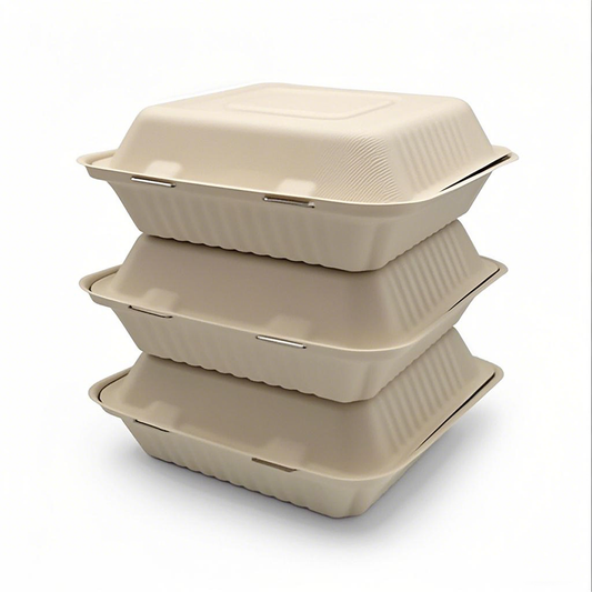 9" x 6" x 3" - Bagasse Clamshell Containers 2 Compartments - Carton of 250