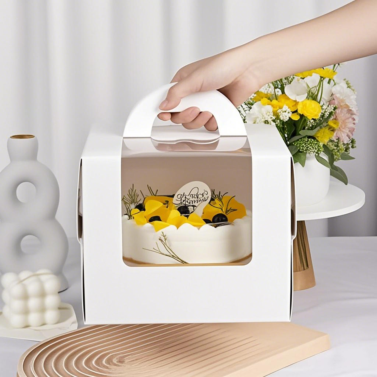 8.125" x 8.125" x 6.625" - Window Cake Boxes White with Handle Extra Cake Board - Carton of 50