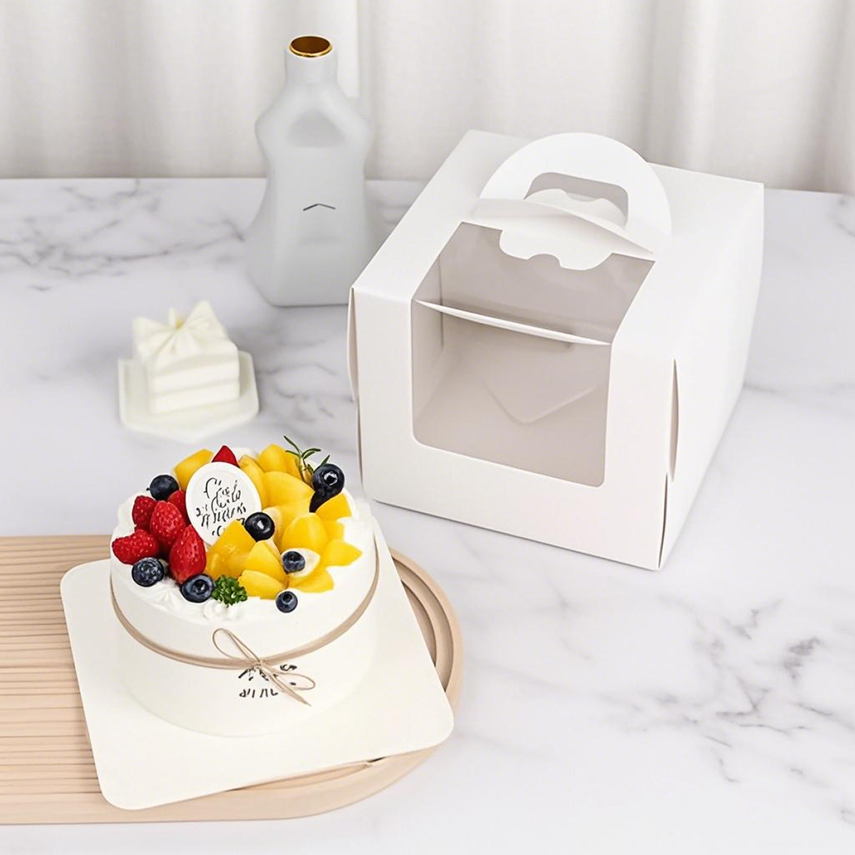 10.25" x 10.25" x 6.625" - Window Cake Boxes White with Handle Extra Cake Board - Carton of 50