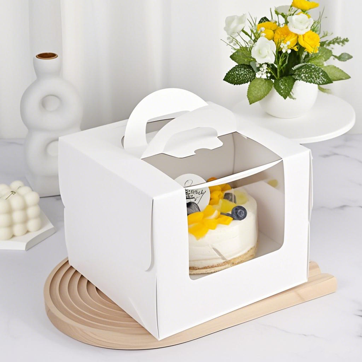 10.25" x 10.25" x 6.625" - Window Cake Boxes White with Handle Extra Cake Board - Carton of 50